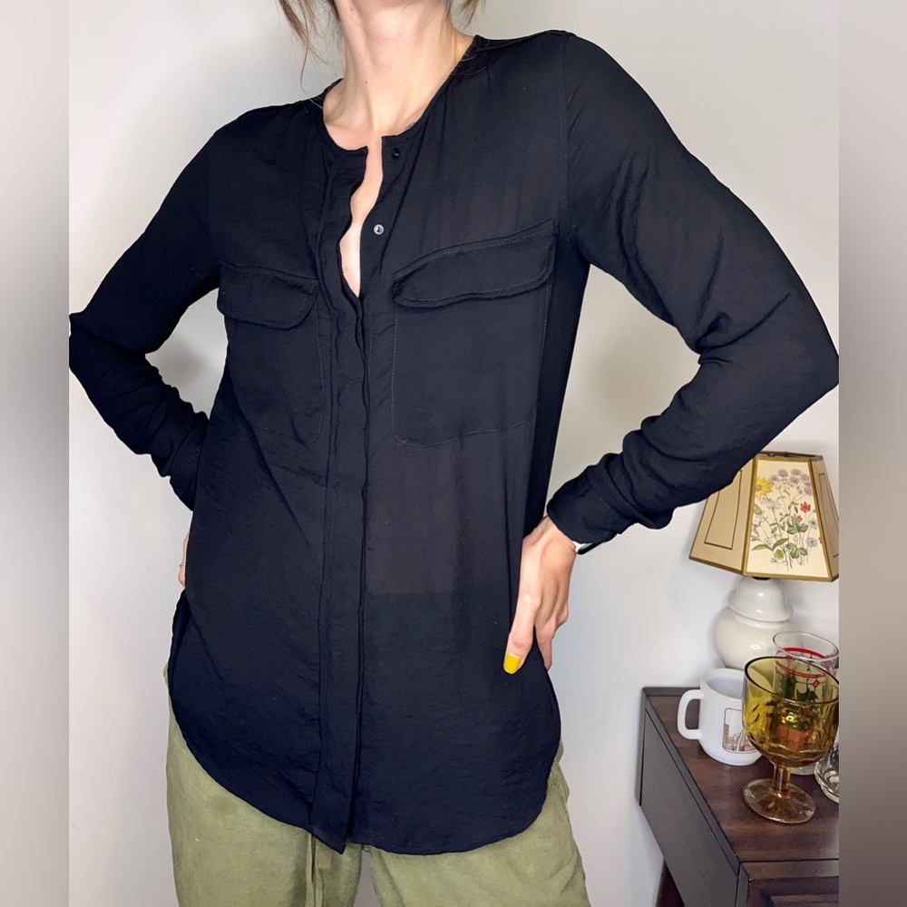 H&M Black Sheer Silky Collarless Button Up Shirt